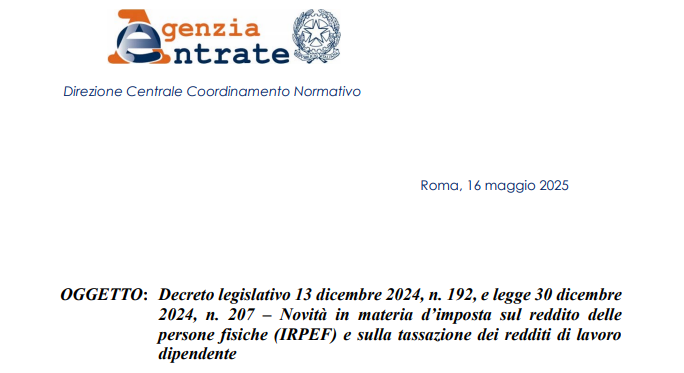 IRPEF e redditi di lavoro dipendente - circolare n. 4/E/2025
